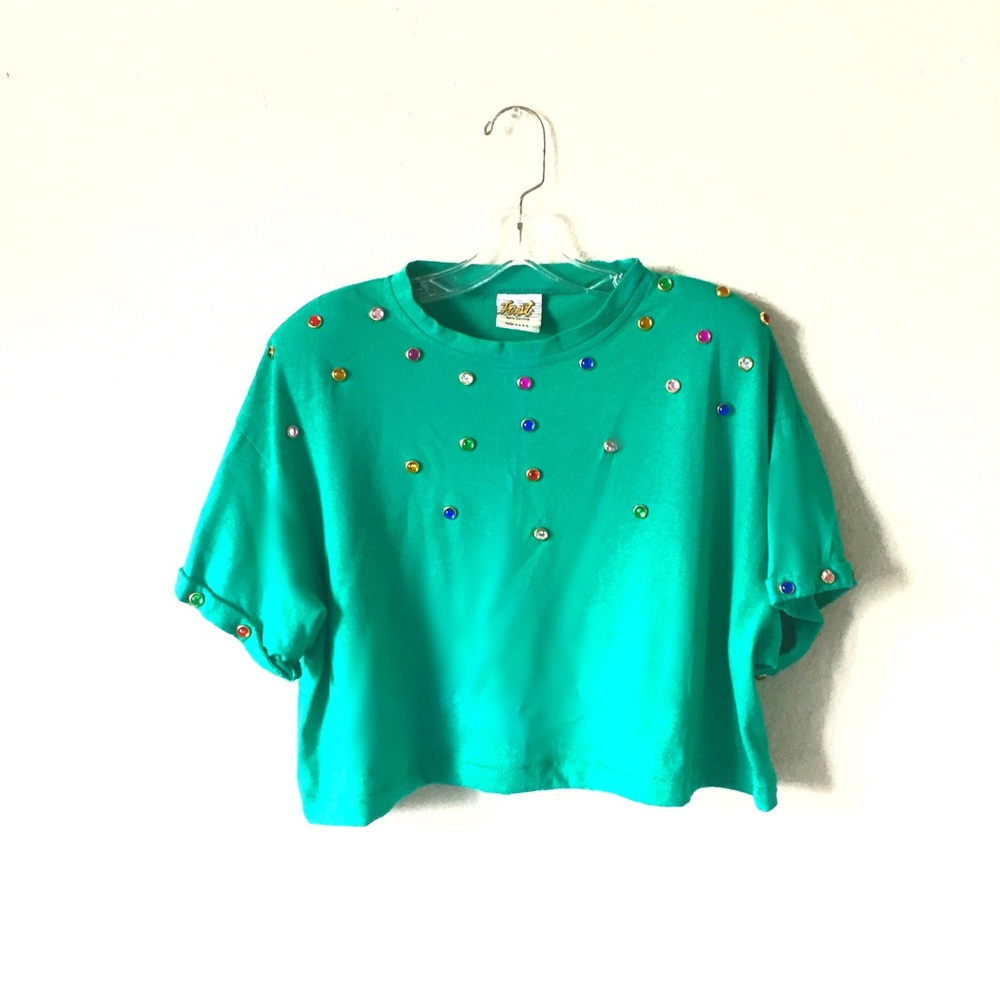 Vintage Turquoise Crop Top with Multicolored Gem Accents